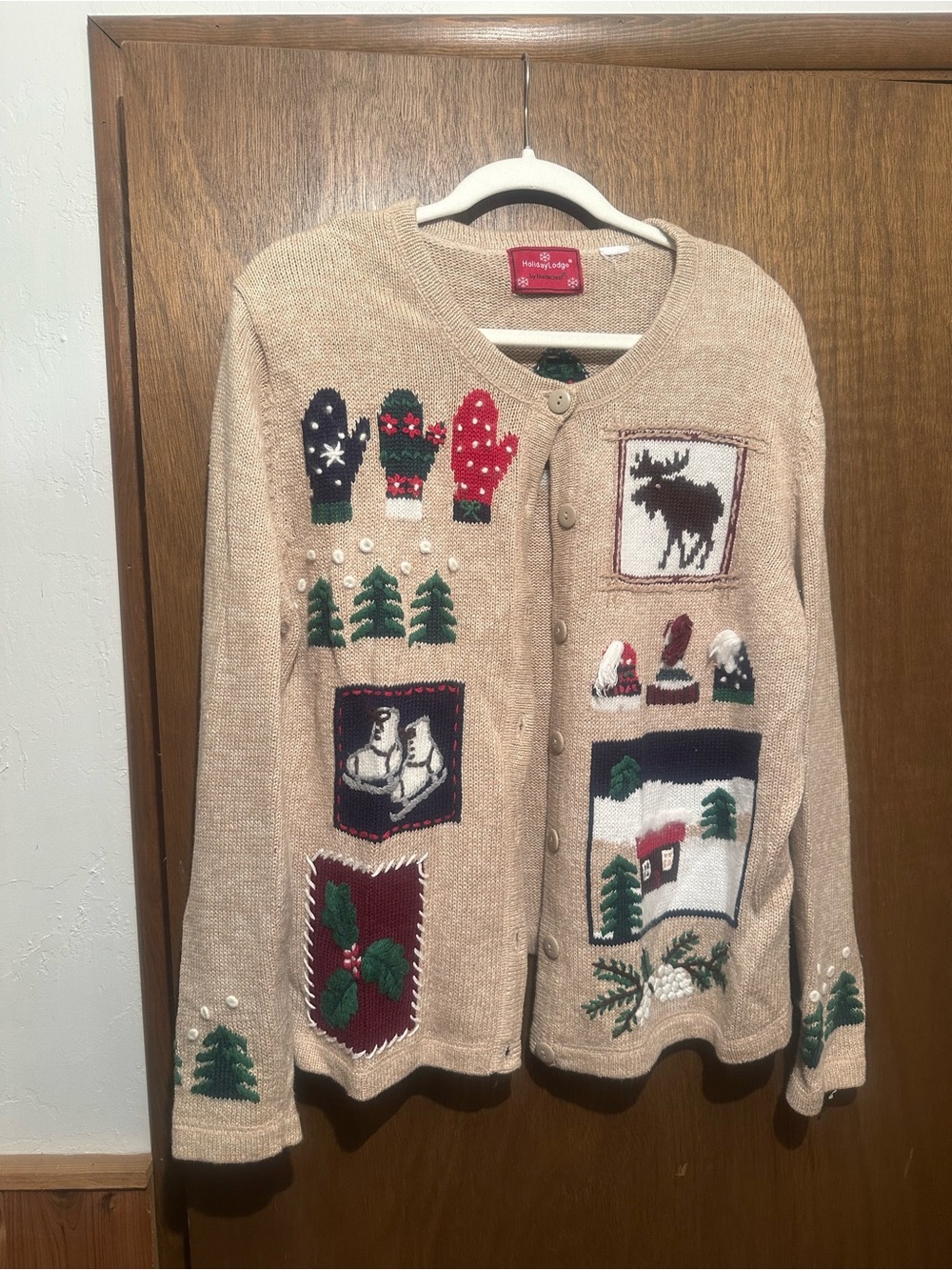 Holiday Patchwork Knit Cardigan Sweater - Beige